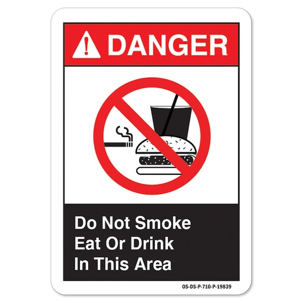 ANSI Danger, Aluminum, 14" x 10", Landscape, Do Not Smoke Eat Or Drink In This Area